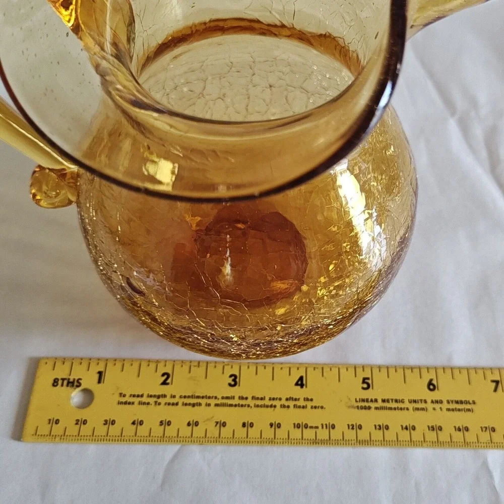 Rainbow Amber Crackle Glass Pitcher and Vase Set Ruffled‎ Rim Vintage Decor 6.5
